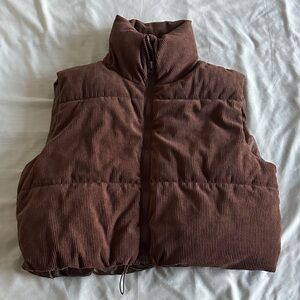 Brown Corduroy Puffer Vest (Cropped Stand Collar)